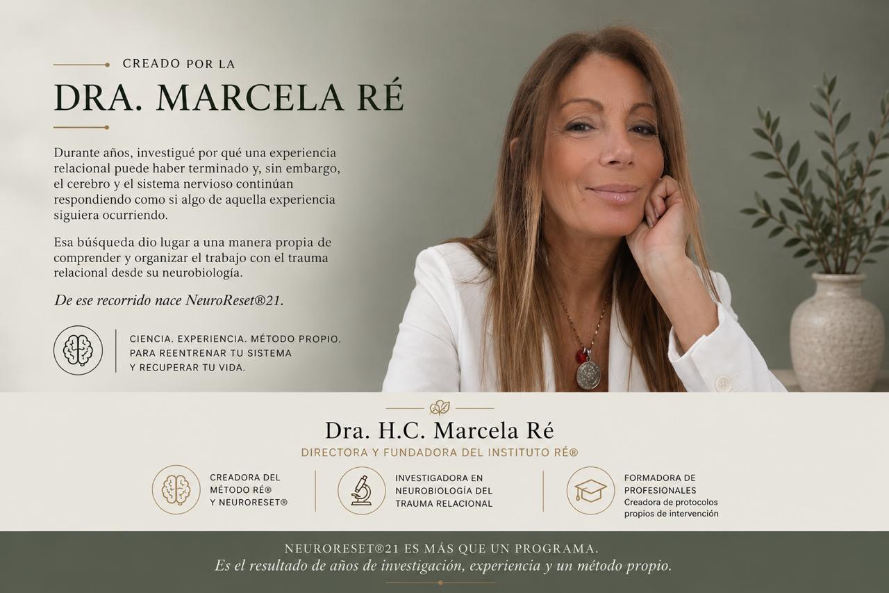 Creado por la Dra. Marcela Ré — Directora y Fundadora del Instituto Ré®, Creadora del Método Ré® y NeuroReset®, Investigadora en Neurobiología del Trauma Relacional, Formadora de Profesionales. NeuroReset®21 es más que un programa: es el resultado de años de investigación, experiencia y un método propio.