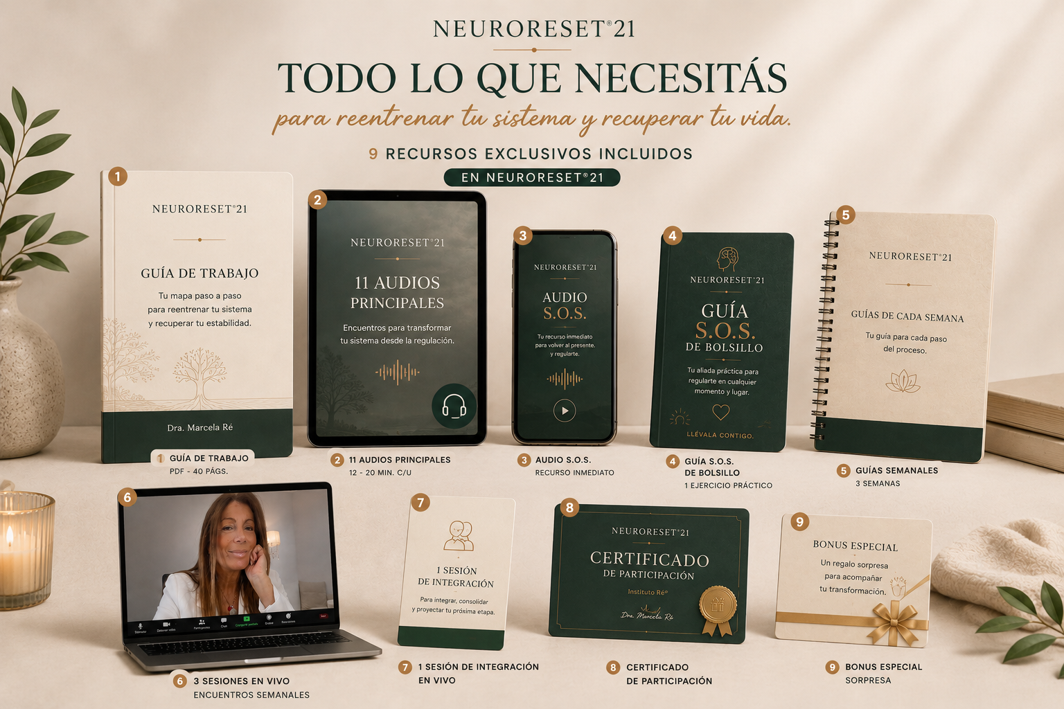Los 9 recursos incluidos en NeuroReset 21®: guía de trabajo, 11 audios, audio S.O.S., guía S.O.S. de bolsillo, guías semanales, 3 sesiones en vivo, sesión de integración, certificado de participación y bonus especial